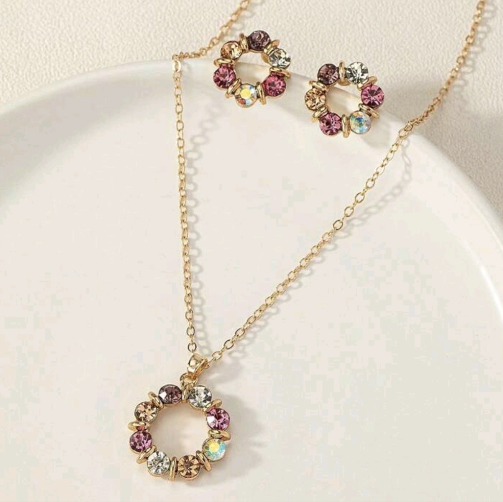 1pc Necklace + 2pcs Earrings Flower & Circle Design Jewelry Set With Multicolor